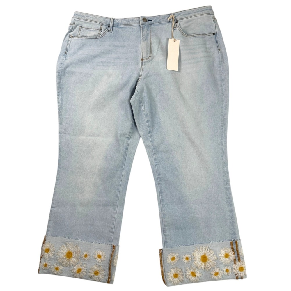 Driftwood Womens Colette Jeans Sz 22 Light Wash Embroidered Daisy Cuff Cropped - Picture 2 of 9